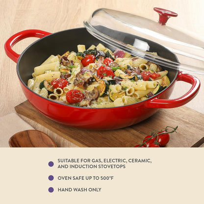 Crock Pot Artisan 5-Quart Enameled Cast Iron Braiser Pan with Oven Safe Borosilicate Glass Lid, Everyday Covered Skillet for Searing, Roasting, and Baking, Red4