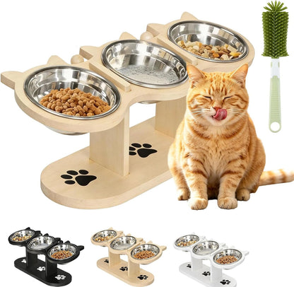 2026 New Anti-Slip Elevated 3-Bowl Pet Feeder, Cat Bowls with Stand Tilted, Stainlesssteel Cat Feeding Station, Ergonomic Elevated Cats Bowls with Wooden Base, Pet Feeding Station for Food & Water (E)8