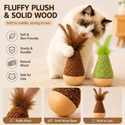 2-Pack Interactive Self-Righting Wobble Cat Toy with Feather, Fluffy Plush Wooden Tumbler for Bored Adult Indoor Cats Silent Self Play Cat Enrichment Toy, Green & Brown3