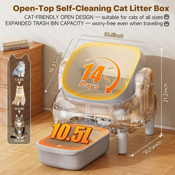 Automatic Cat Litter Box,Self Cleaning Litter Box for Multiple Cats with Open Top Design,App Control and Safety Protection,Ultra-Quiet,Easy Setup,Light Gray2