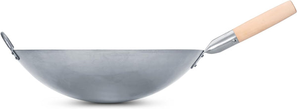 Big 16 Inch Heavy Hand Hammered Carbon Steel Pow Wok with Wooden and Steel Helper Handle (Round Bottom) / 731W1387
