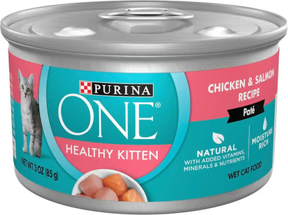 Purina ONE Grain Free, Natural Pate Wet Kitten Food, Healthy Kitten Chicken & Salmon Recipe - (Pack of 24) 3 Oz. Pull-Top Cans1