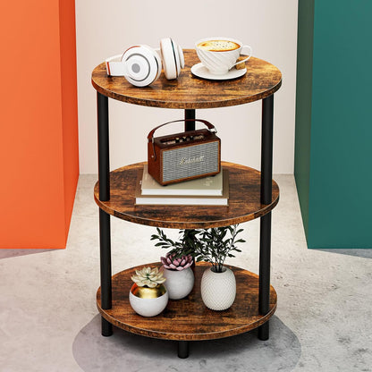 Round Small End Table - 3 Tier Oval Accent Table for Small Spaces, Rustic Wood and Metal Couch Side Table, Nightstand for Bedroom or End Table Living Room, Easy to Assemble, Rustic Brown1