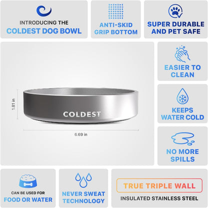 Coldest Dog Bowl - anti Rust Metal, Non Slip, 3 Layers Insulated Stainless Steel Dog Bowls - Spill Proof & Heavy Duty - Water Bowl for Dogs, Cats, Dish Washer Safe (21 Oz, Polished Stainless Steel)5