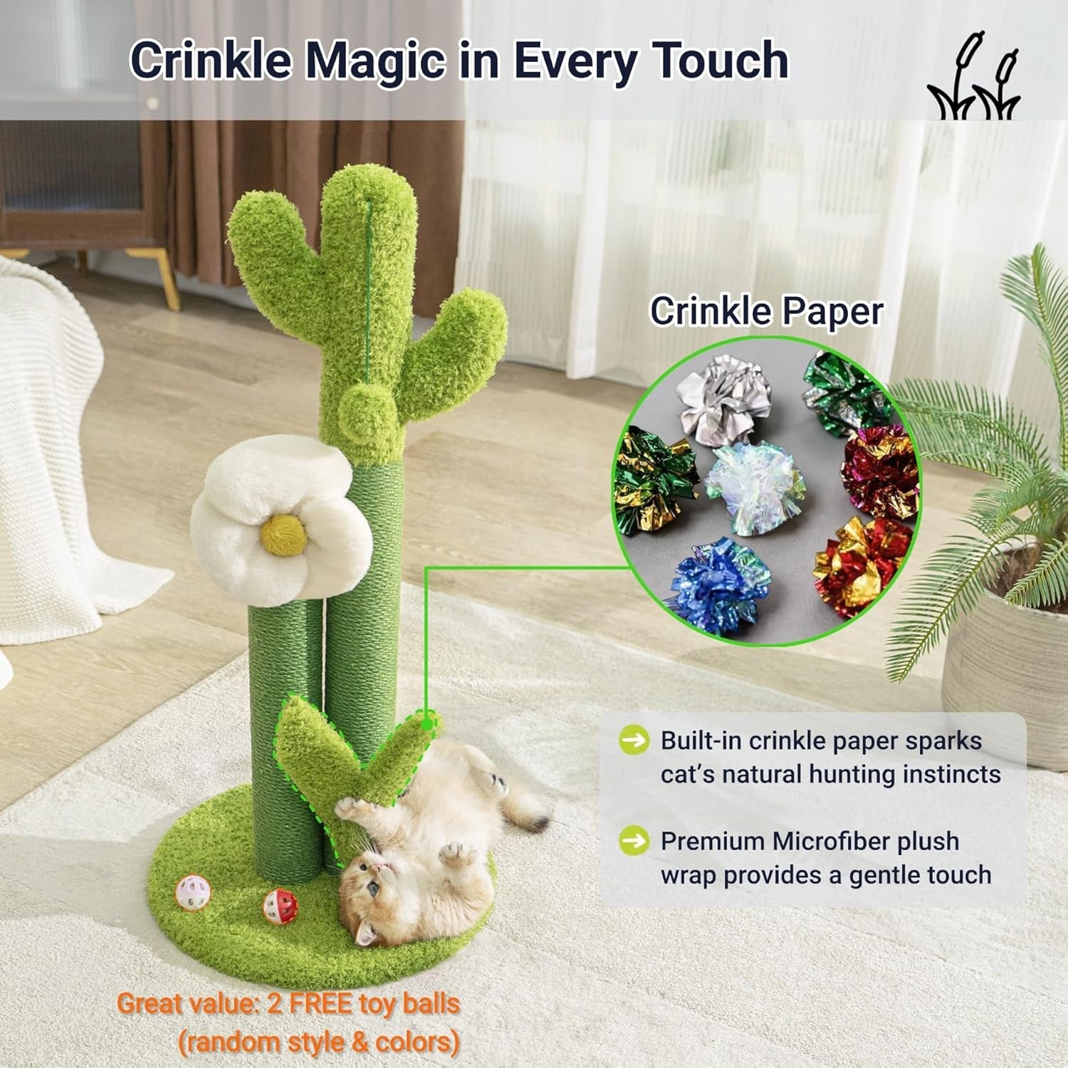 happi-n-pets-33-tall-cactus-cat-scratching-post-for-large-cats-heavy-duty-double-scratch-posts-with-flower-crinkle-leaves-cactus-cat-tree-with-2-bonus-toy-catnip-green-stable-scratching-post
