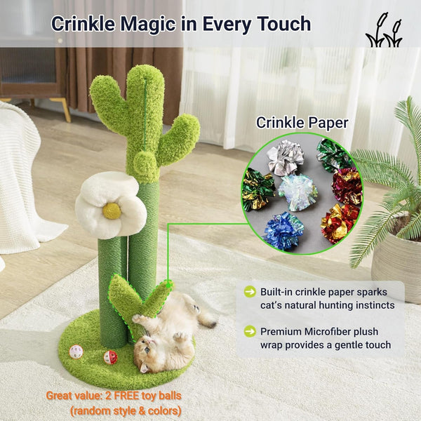 Happi N Pets 33" Tall Cactus Cat Scratching Post for Large Cats, Heavy Duty Double Scratch Posts with Flower & Crinkle Leaves, Cactus Cat Tree with 2 Bonus Toy & Catnip, Green Stable Scratching Post6
