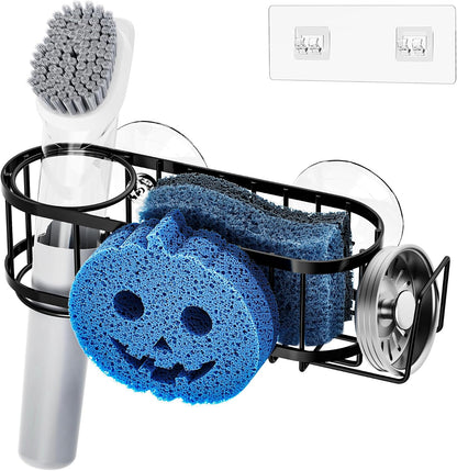 Sponge Holder Smiley Face, Sink Caddy for Kitchen Sink, Kitchen Organizer Sponge Holder with 2 PCS Suction Cups and Adhesive Strips, Designed for Sponge, Soap, Dish Brush, Scrubber-Black3