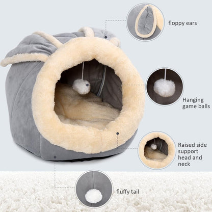 Cat Beds for Indoor Cats-Rabbit-Shaped Cat Cave Bed with Hanging Toy,Grey M | Super Soft Calming Cat Tent House for Kitten&Puppy,Warm Plush&Machine Washable&Removable Cushioned Pad,Cute Cat Hideaway5