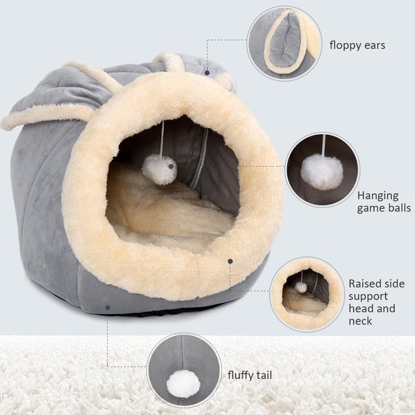 Cat Beds for Indoor Cats-Rabbit-Shaped Cat Cave Bed with Hanging Toy,Grey M | Super Soft Calming Cat Tent House for Kitten&Puppy,Warm Plush&Machine Washable&Removable Cushioned Pad,Cute Cat Hideaway5