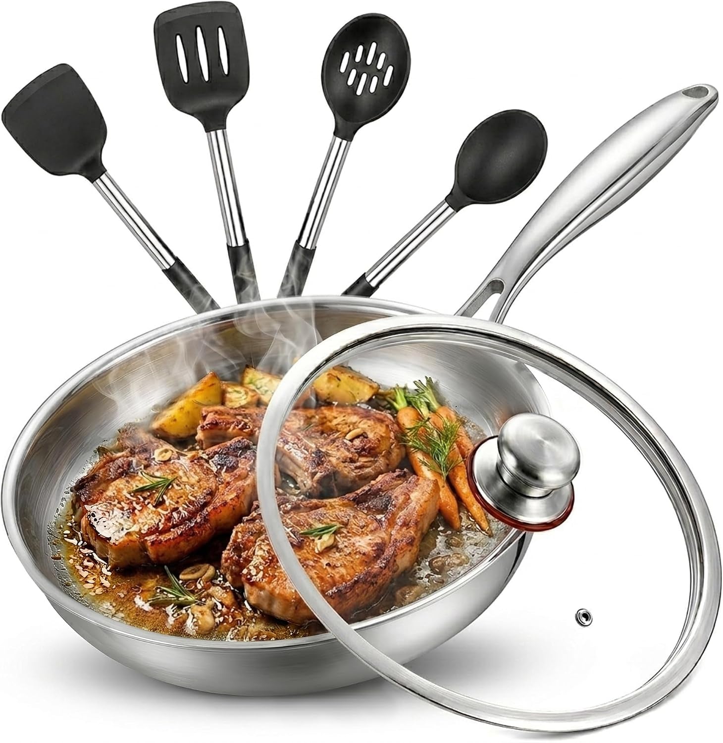 titanium-frying-pan-hammered-non-stick-skillet-with-glass-lid-4-spatulas-pfas-pfoa-ptfe-free-tri-ply-stainless-steel-induction-oven-safe-dishwasher-safe-cookware