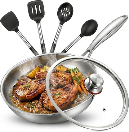 Titanium Frying Pan, Hammered Non-Stick Skillet with Glass Lid & 4 Spatulas, Pfas/Pfoa/Ptfe-Free, Tri-Ply Stainless Steel, Induction & Oven Safe, Dishwasher Safe Cookware1
