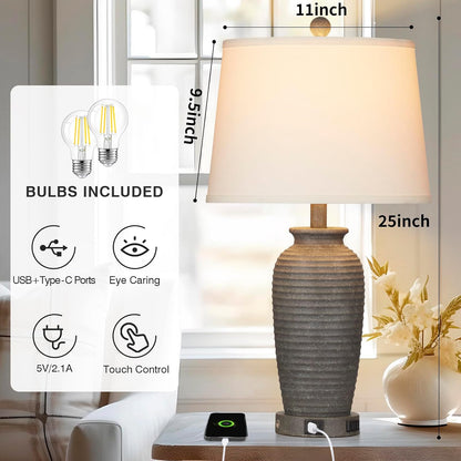 25" Farmhouse Jar Table Lamps Set of 2, 3 Way Touch Control Rustic Bedside Lamps with USB A+C Ports & AC Outlet, Pot Nightstand Lamps for Bedroom Living Room (LED Bulbs Included)6
