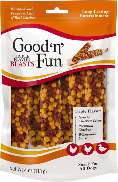GOOD 'N' FUN Triple Flavor Blasts for All Dogs, 4 Ounces, Treat Your Dog to Long-Lasting Chews Made with Chicken Liver, Chicken & Duck1
