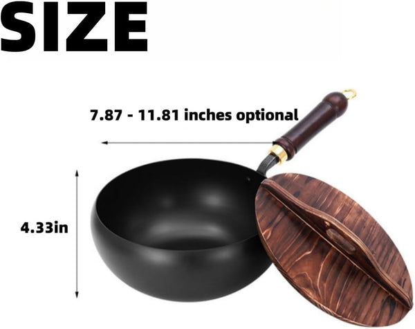 Iron Pot, 7.87-11.81 Inch Uncoated Iron Pan with Lid, No Chemical Coated Flat Bottom Japanese Pans, Woks & Stir-Fry Pans Set for Induction, Electric, Gas (Wooden Lid, 7.87In)7