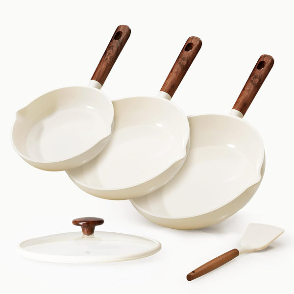 Nonstick Frying Pans Skillets, 5 PCS Ceramic Coating Pans Set | Non-Toxic Healthy PFAS Free, Induction Compatible, 8+9.5+11 Inch with Colander Lid and Spatula, Cream White1