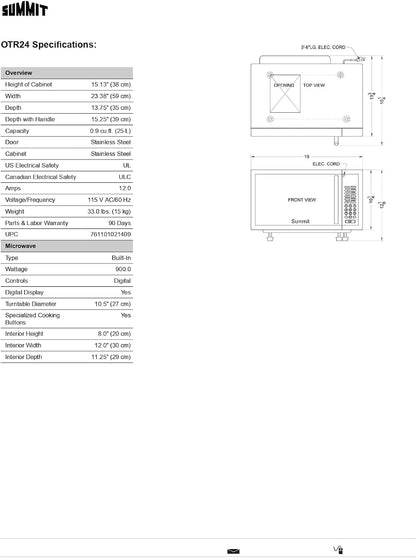 Summit 24” over the Range Microwave, 0.9 Cu.Ft. Built in Microwave, Stainless Steel- OTR245