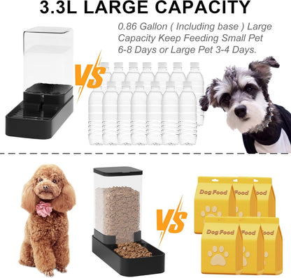 Automatic Cat Feeder and Water Dispenser in Set with Pet Food Bowl,Gravity Dog Waterer and Food Feeder for Small Medium Dog Cat Puppy Kitten Large Capacity(3.3L,Black)3