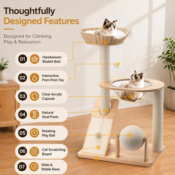 Modern Wooden Cat Tree for Indoor Cats, Furniture Style Cat Tower with Handwoven Basket and Soft Cushion, Acrylic Space Capsule, Sisal Scratching Posts & Interactive Play Ball, 38" Cat Condo2