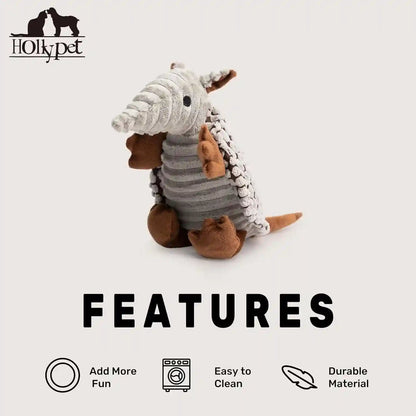 Hollypet Plush Dog Squeaky Toy Stuffed Armadillo Animal Pet Puppy Chew Toys with Clean Teeth for Small Medium Large All Breed Sizes Dogs, Gray, 8 In6