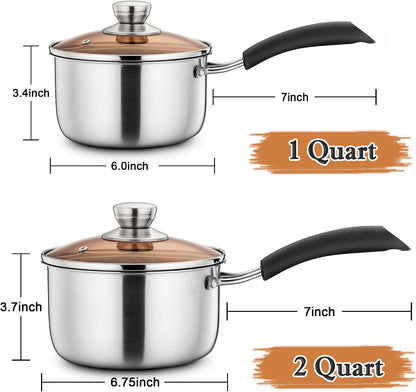 Sauce Pan Set with Lid, 1 Quart and 2 Quart Stainless Steel Saucepan | Small Kitchen Cooking Pot for Milk, Soup & Butter, Stay-Cool Handle, Induction Ready, Nonstick & Non Toxic, Dishwasher Safe7