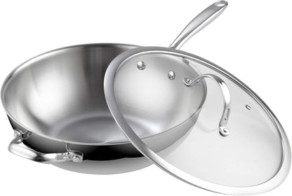 Multi-Ply Clad 12 Inch Stainless Steel Wok Pan, Stir Fry Pan with Glass Lid, Induction Cookware, Dishwasher & Oven Safe, Compatible with All Cooktops1