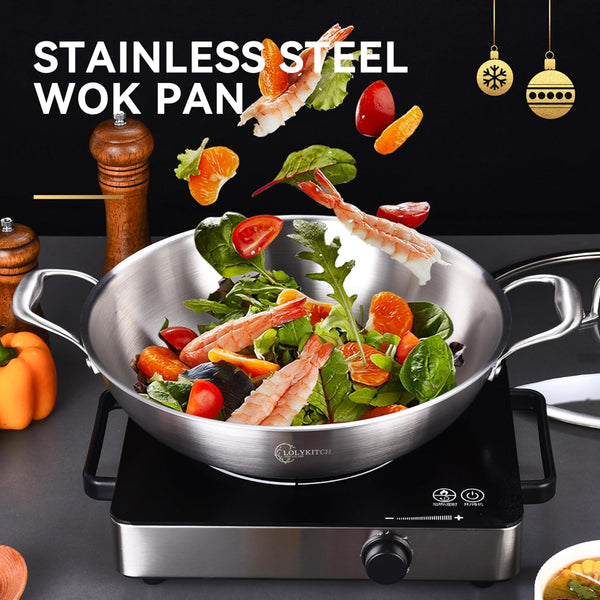 14.5-Inch Stainless Steel Wok | Jumbo Cooker | Dual Handles | Large | Uncoated Tri-Ply Stir Fry Pan | Everyday Cooking Wok for Induction | Flat Bottom | PFOA-FREE | 6-8 Servings ﻿5