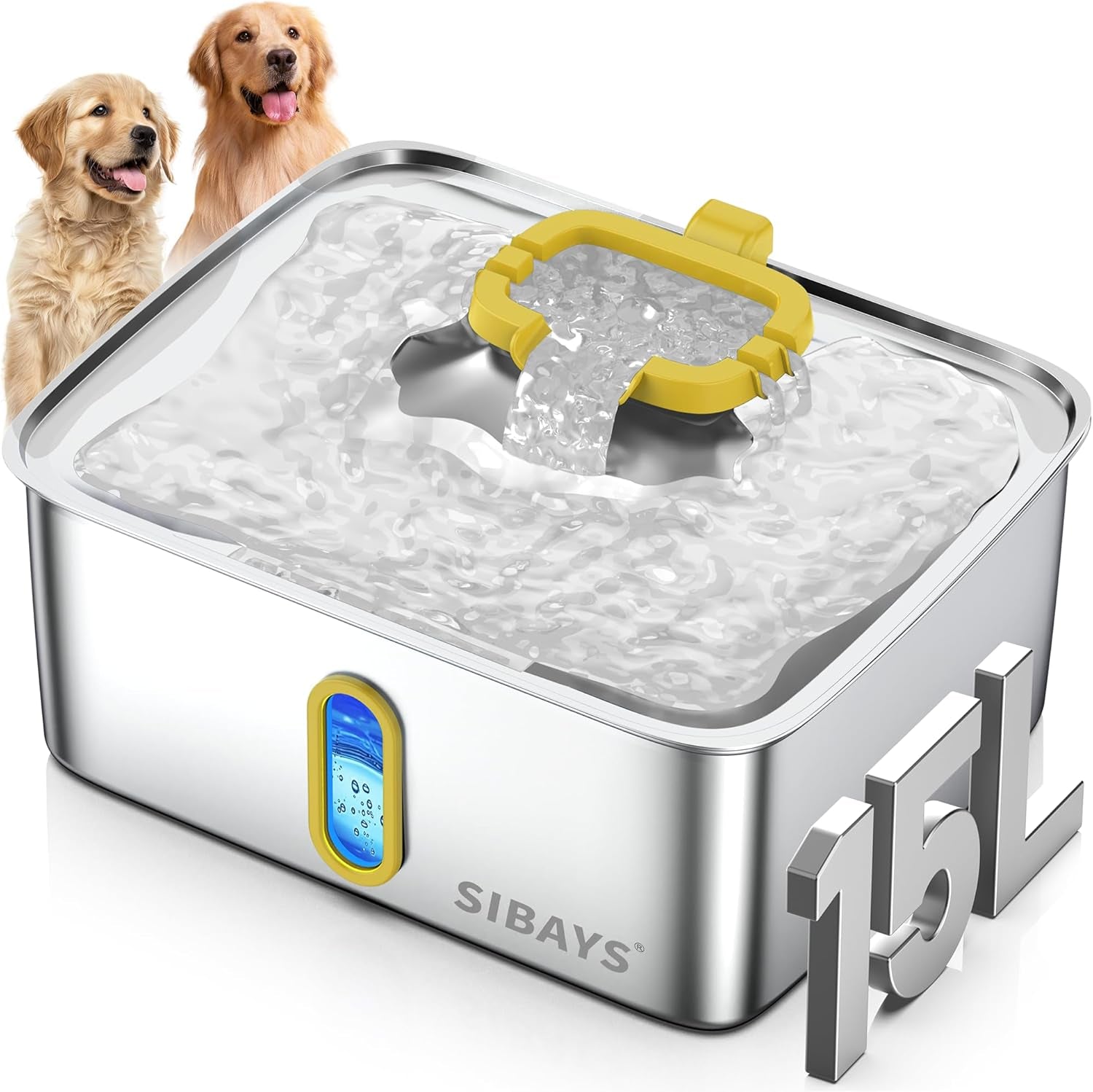 sibays-4gal-15l-dog-water-fountain-for-large-dogs-stainless-steel-large-pet-water-fountain-ultra-quiet-automatic-dog-water-bowl-dispenser-with-water-level-window-and-led-lightfs78-silver-grey