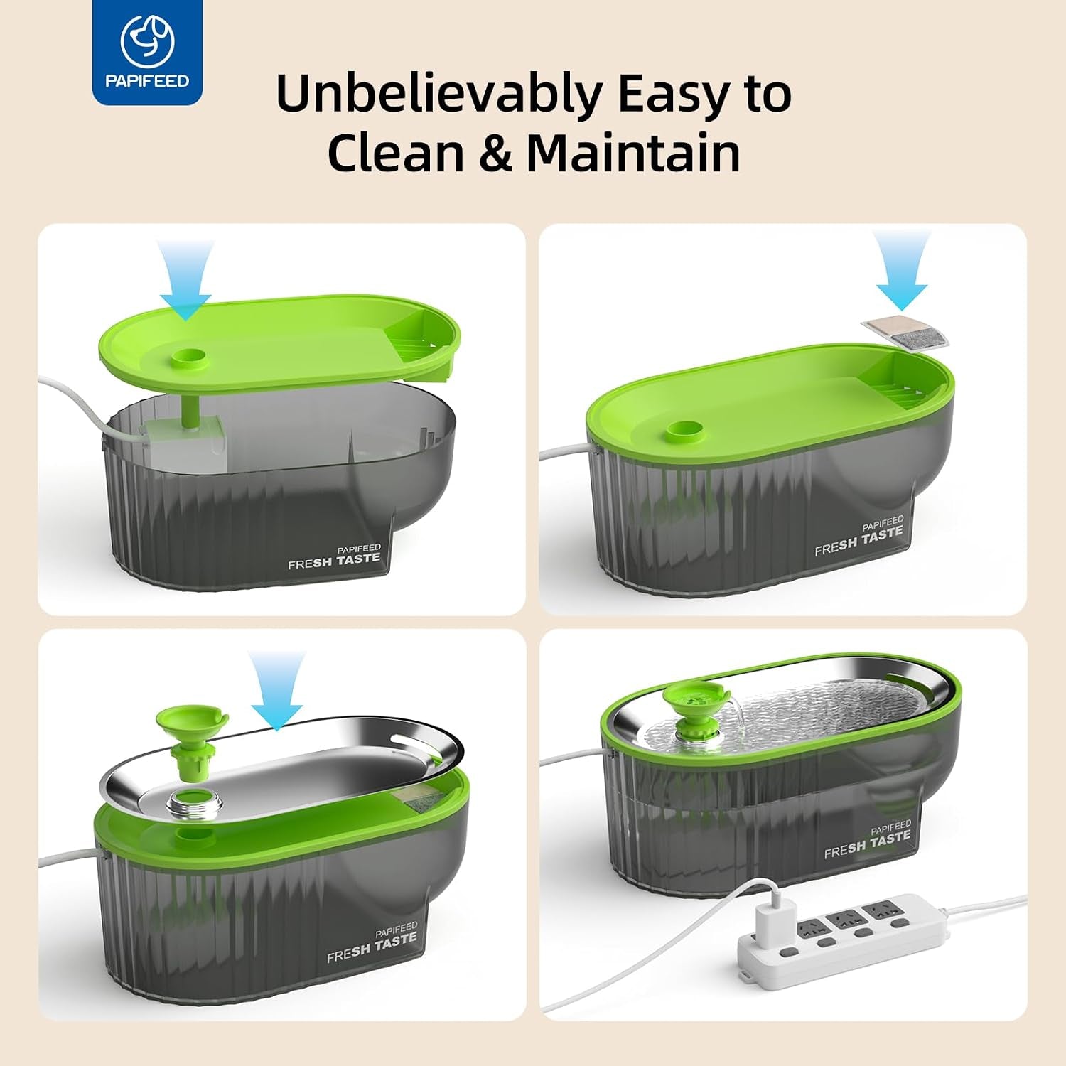 papifeed-cat-water-fountain-stainless-steel-with-a-silicone-mat-84oz-2-5l-automatic-pet-water-fountain-with-led-water-level-window-quiet-low-power-cat-water-bowl-cat-water-dispenser-green