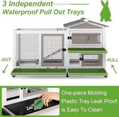 2 Story Rabbit Hutch Outdoor Indoor, Wooden Bunny Cage with 6 Lockable Wheels, 3 Removable No Leakage Pull Out Trays, Chew-Proof Ramp & Waterproof Roof, Ideal for Rabbit & Guinea Pig2