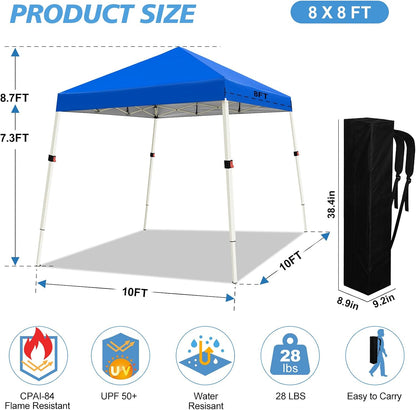 10X10 Slant Legs Pop up Canopy Tent, 1-Button Push Setup Canopy Tent, Adjustable Height Instant Portable Shelter, Protable Backpack, Easy Outdoor Sun Shade for Events, 8X8 Top, Blue4