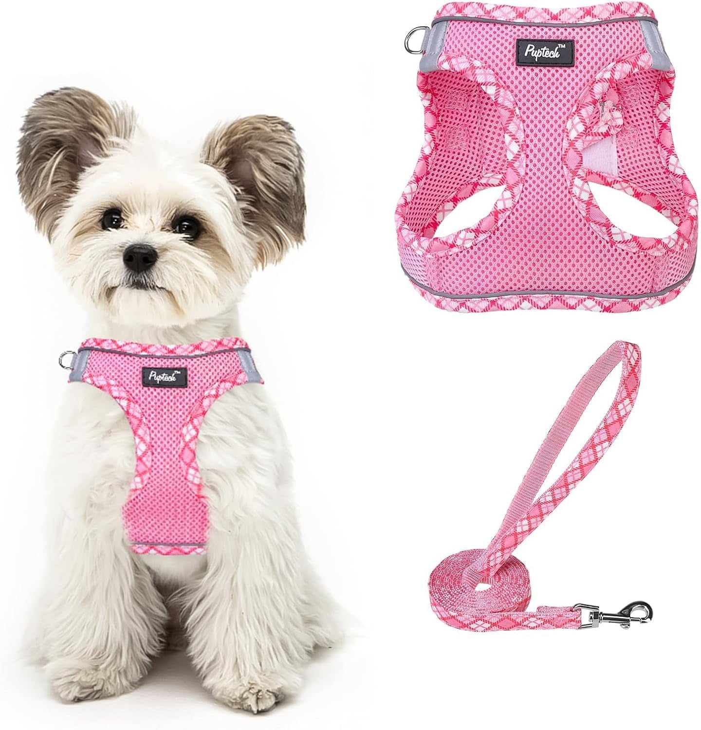 pupteck-dog-harness-and-leash-set-for-small-medium-dogs-no-pull-step-in-soft-mesh-puppy-cat-vest-harnesses-reflective-at-night-green-s