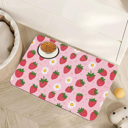 Cute Strawberry Flower Dog Cat Food Mat,Pink Absorbent Pet Feeding Mat with Rubber Backing,Non-Slip Water Bowl Placemat,Indoor Pet Accessories Supplies 12"X20"1