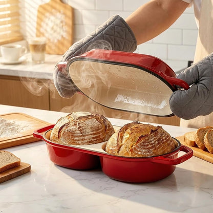 Enameled Cast Iron Mini Double Dutch Oven with Lid, Dual Chamber Small Sourdough Loaf Pans, Nonstick Bread Pot for Sourdough Baking, Fits Oven & Induction Cooktop, Red-2.2Qt7