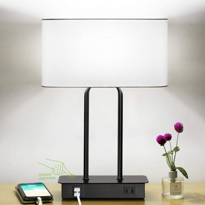 Bedside Touch Control Table Lamp, 3 Way Dimmable Modern Nightstand Lamp | Dual USB Charging Ports 1 AC Outlet, White Fabric Shade, Desk Lamp for Bedroom Living Room Office with 5000K LED Bulb1