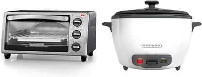 BLACK+DECKER 4-Slice Toaster Oven, TO1313SBD, Even Toast, 4 Cooking Functions Bake, Broil, Toast & Rice Cooker 6-Cup (Cooked) with Steaming Basket, Removable Non-Stick Bowl, White1
