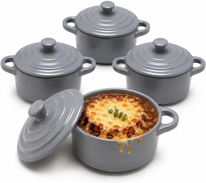 Mini Dutch Oven Set of 4, 14 Oz Ceramic Mini Dutch Ovens with Lids and Handles, Ramekins with Lids for French Onion Soup, Pot Pies, Soufflés and Baked Desserts, Oven Microwave Dishwasher Safe, Mini Cocotte, Grey1
