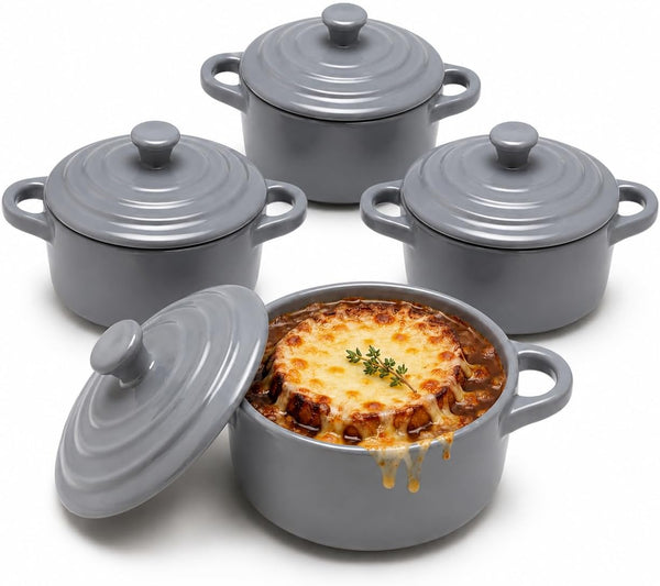 Mini Dutch Oven Set of 4, 14 Oz Ceramic Mini Dutch Ovens with Lids and Handles, Ramekins with Lids for French Onion Soup, Pot Pies, Soufflés and Baked Desserts, Oven Microwave Dishwasher Safe, Mini Cocotte, Grey1
