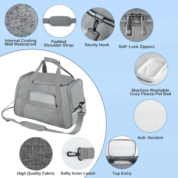 Fluffydream Pet Travel Carrier Soft Sided Portable Bag for Cats, Small Dogs, Kittens or Puppies, Collapsible, Durable, Airline Approved, Travel Friendly (Grey, 17.0" L X 10.0" W X 11.0" H) (Grey)4