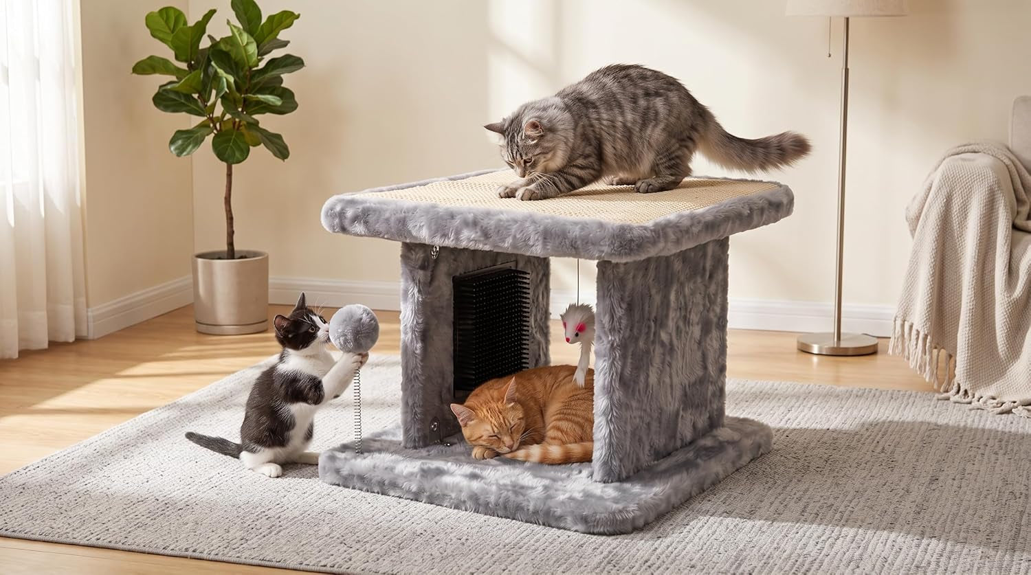 large-cat-bed-with-scratching-post-and-combing-board-sturdy-and-durable-ideal-for-small-breeds-large-plush-cat-tunnel-with-a-removable-sisal-scratch-pad-grooming-brush-hanging-toys-and-spacious-hideaway-for-cats