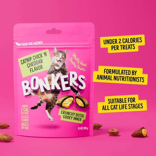 Bonkers Bites Catnip & Chick 'N' Cheddar Flavor Crunchy & Soft Treats for Cats, 3Oz Bag (Pack of 10)5