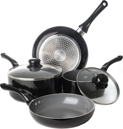 6 Pcs Black Nonstick Cookware Set, Induction Cookware | Pots and Pans Set Non Stick with Glass Lid, Stay-Cool Handle PTFE/PFOA Kitchen Pots 6-Piece with Frying Pans & Saucepan8