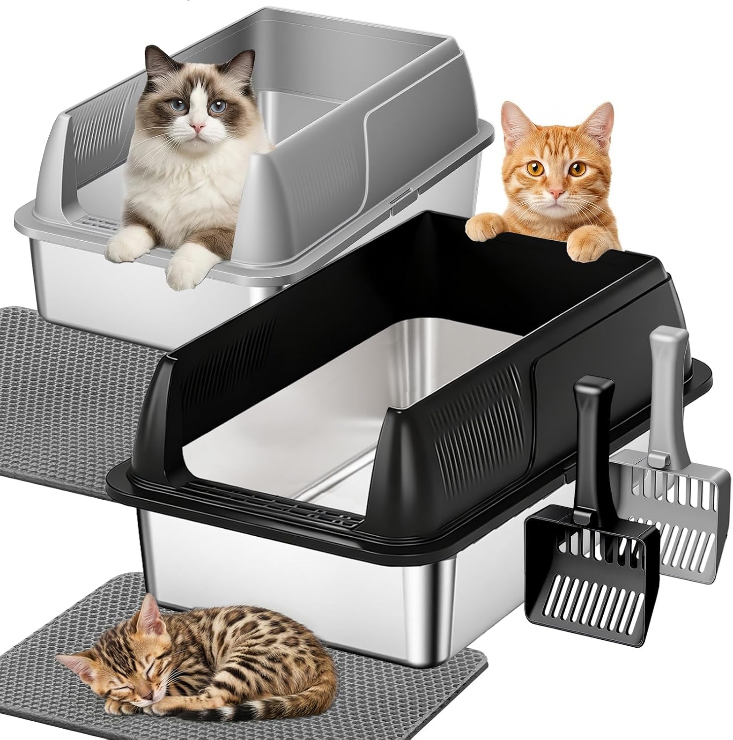 gimars-2-pack-xl-stainless-steel-cat-litter-box-for-big-senior-cats-multi-cat-metal-litter-pan-with-high-sides-odor-resistant-easy-clean-includes-litter-scoop-litter-mat-anti-slip-pads