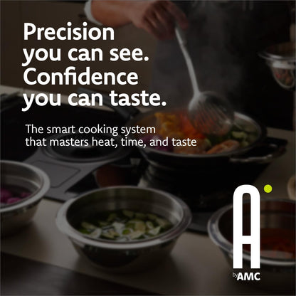 A by AMC - Foundation Stainless Steel Cookware Set - 11" Fry Pan + 3.7 Qt Rondeau + 6.9 Qt Stock Pot + Steam Lid + Steamer Basket & Stackable + 2 Digital Cooking Assistants - Induction Compatible6