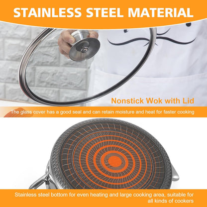 Stainless Steel 7QT Saute Pan 14 Inch Deep Frying Pan with Lid Nonstick,Hybird Induction Cooking Pan,Pfoa Free Cookware,Large Skillets7