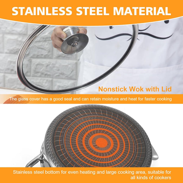 Stainless Steel 7QT Saute Pan 14 Inch Deep Frying Pan with Lid Nonstick,Hybird Induction Cooking Pan,Pfoa Free Cookware,Large Skillets7