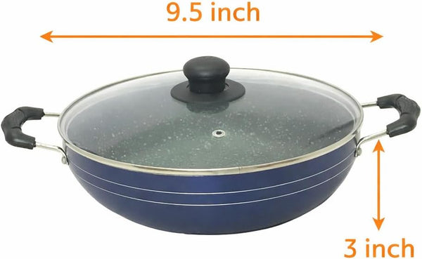 Kadai with Glass Lid All Purpose Pan Nonstick Coating Kadhai Deep Stir Fry for Gas and Induction Cooktop Aluminium Skillet Wok (3Mm) 2.2 Ltr Diameter 9.5 Inch3