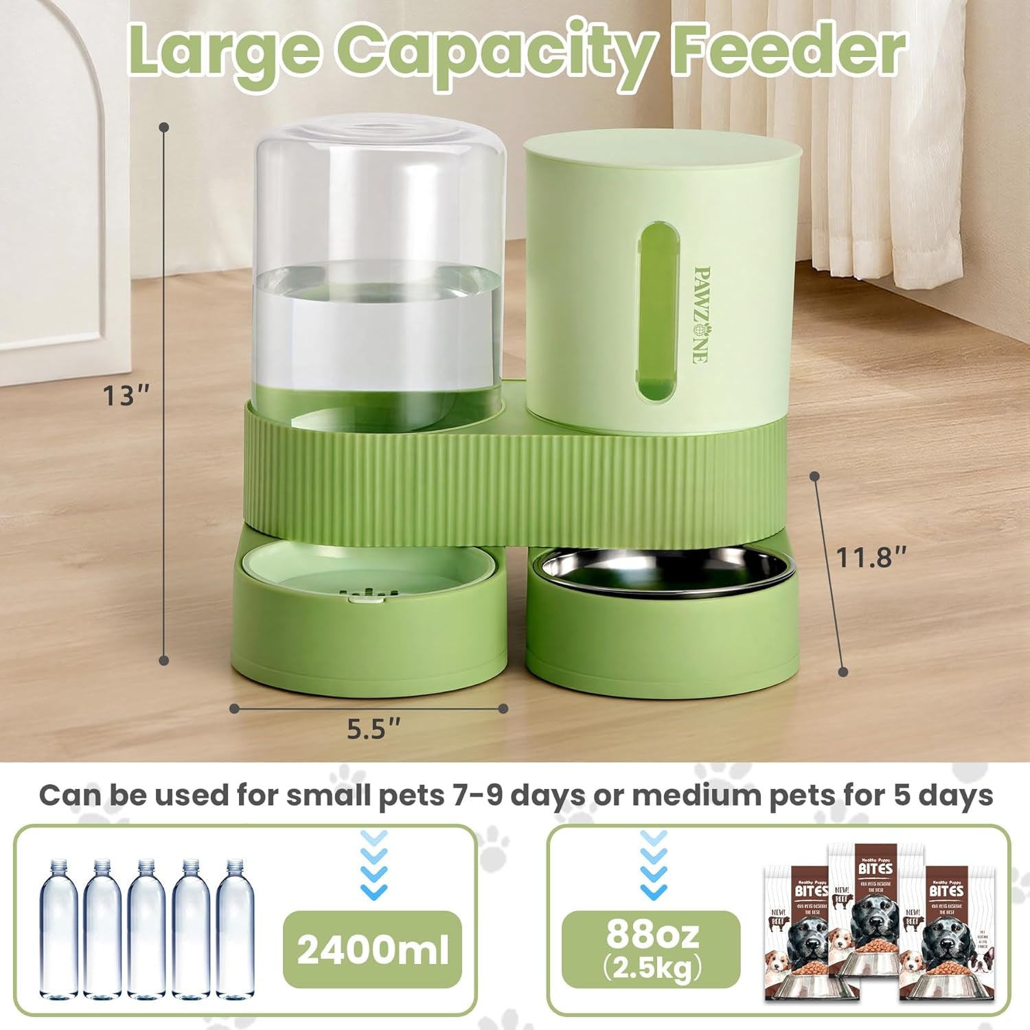 automatic-cat-feeder-stainless-steel-water-dispenser-gravity-food-feeder-and-waterer-set-with-pet-food-bowl-for-small-medium-kitten-puppy-pets-large-capacitygreen