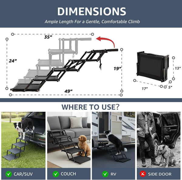 Oiilores Foldable Dog Stairs for Large Dogs - Extra Wide Pet Ramp for Cars, SUV, Non-Slip Surface, Supports up to 250 Lbs, 5 Steps2