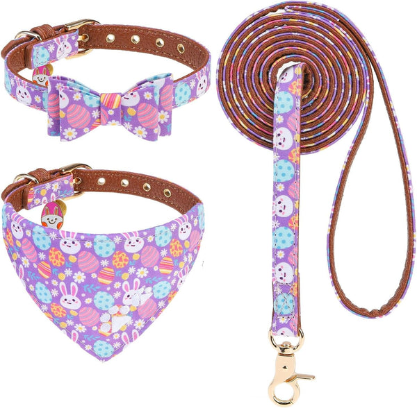 EXPAWLORER Puppy Collar and Leash Set - Embroidery Pawprints Plaid Dog Collar and Dog Leash Set, Bow Tie and Bandana Dog Collar with Bell, Cute Collar and Leash for Dogs Cats Outdoor Walking, Blue S20