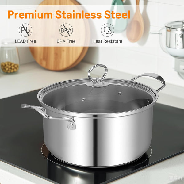 12 Piece Pots & Pans Set, Stainless Steel Cookware Set with Tempered Glass Lids, Handles & 3-Ply Base, 4 Stockpots, 1 Frying Pan & 1 Sauce Pan for Stovetop, Induction, Halogen4